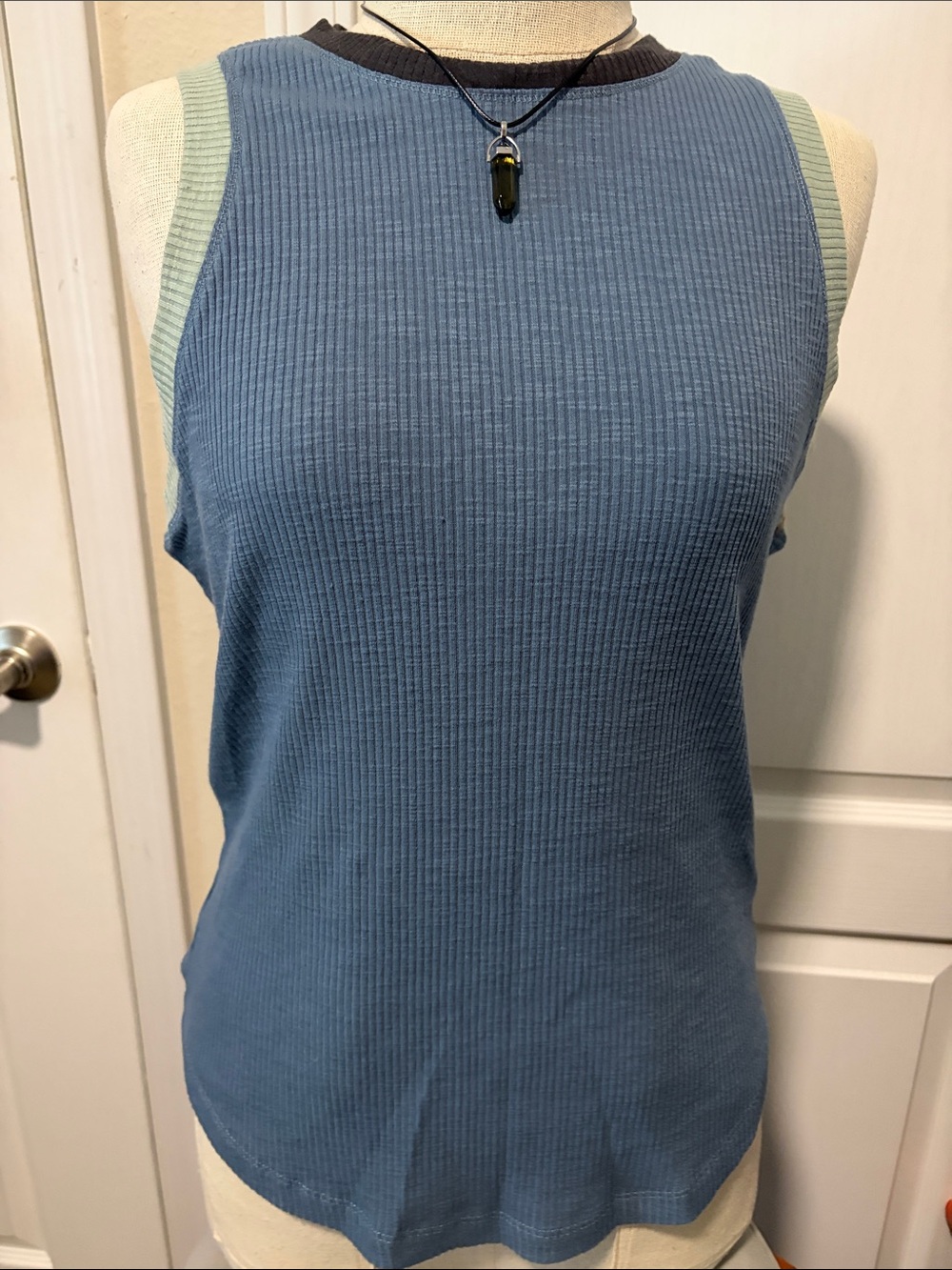 UNIONBAY Blue Ribbed Tank with Mint Trim